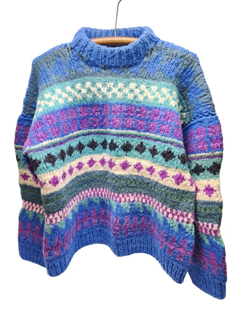 Vintage Handmade Knit 100% Wool Sweater Large Fair Isle Geometric Colorful Chunk